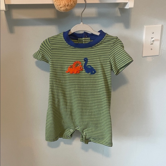 Green Striped Baby Romper with Dinosaur Appliques - Picture 1 of 1